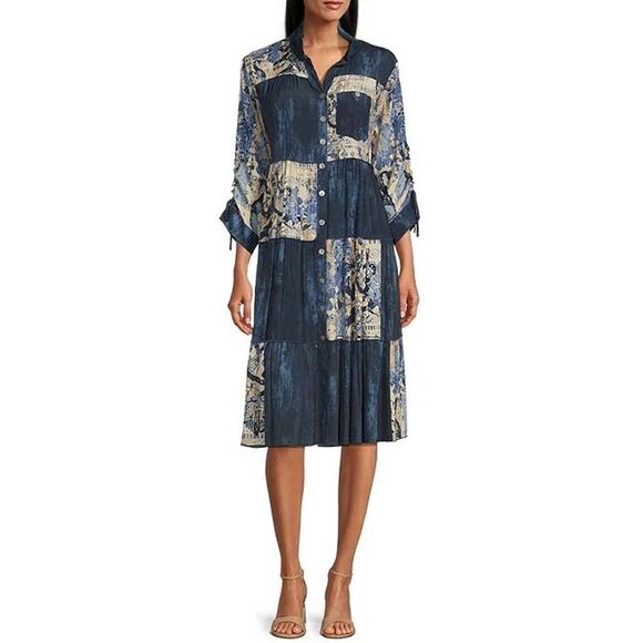 John Mark Patchwork Mixed Print Y-Neck 3/4 Sleeve Button Front Shirt Dress Small - Picture 1 of 9